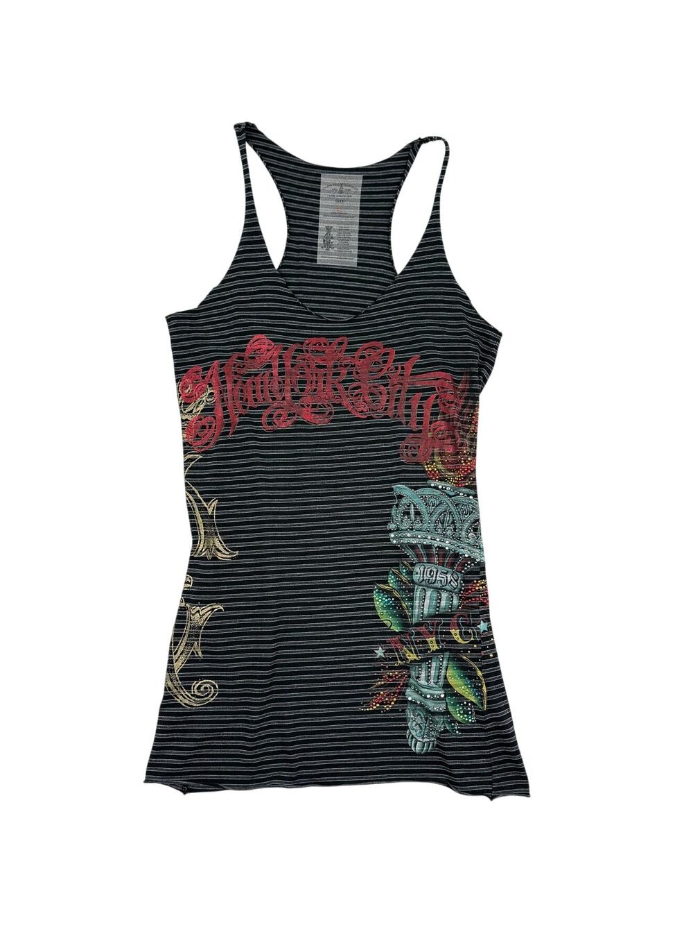 Christian Audigier Y2K Graphic Racerback Tunic Tank Top LA McBling Glam Rock L